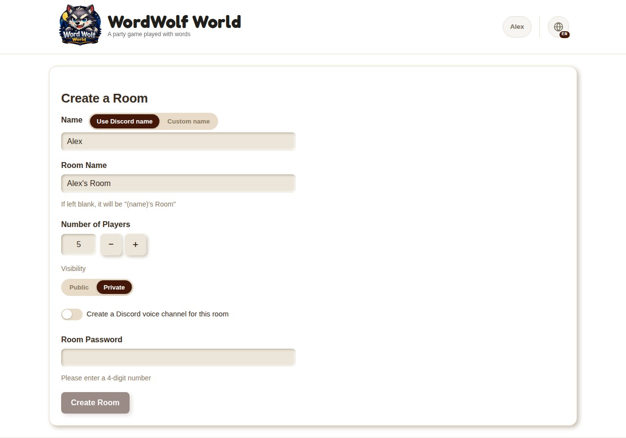 Create room form (desktop)