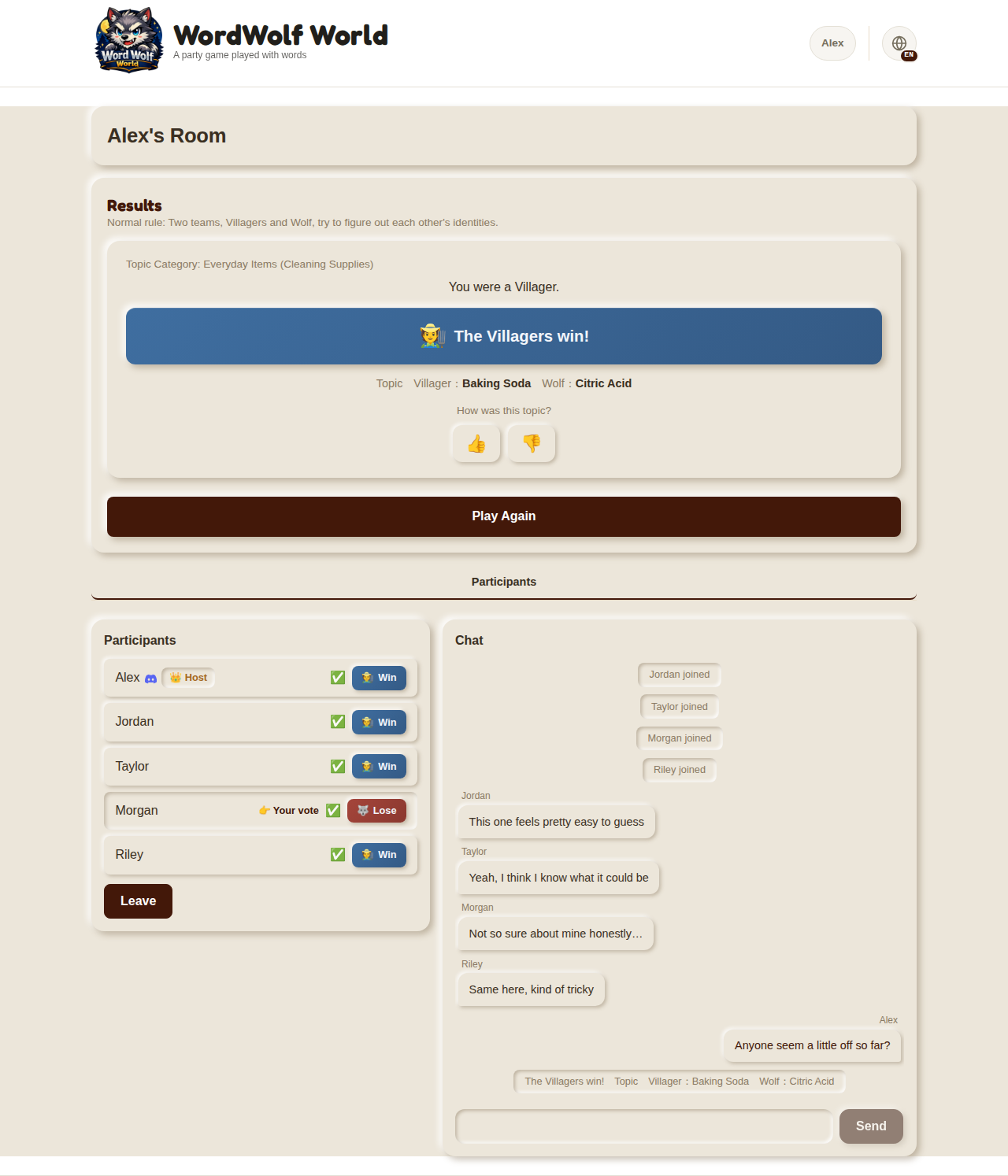 Results screen, Villagers-win example (desktop)