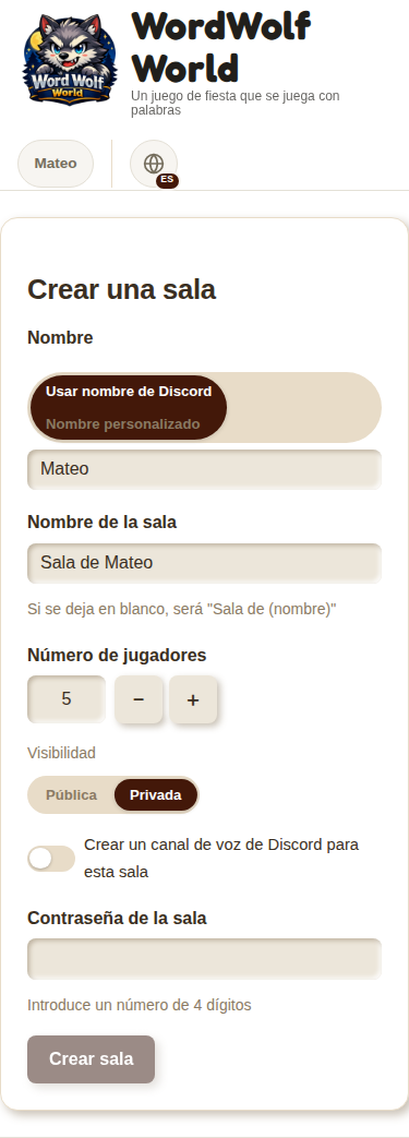 Formulario de creación de sala (móvil)