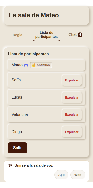 Sala de espera (móvil, con pestañas para participantes/reglas/chat)