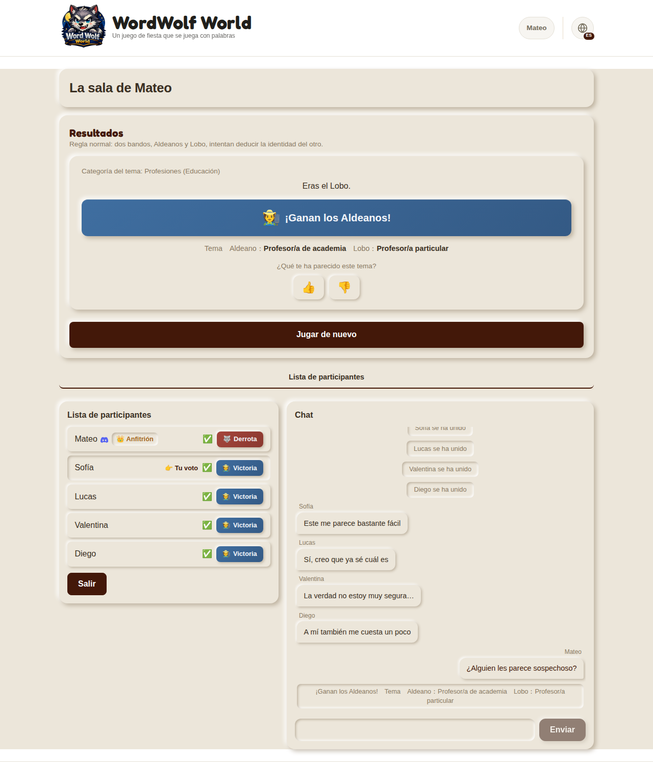 Pantalla de resultados, ejemplo de victoria de los Aldeanos (escritorio)
