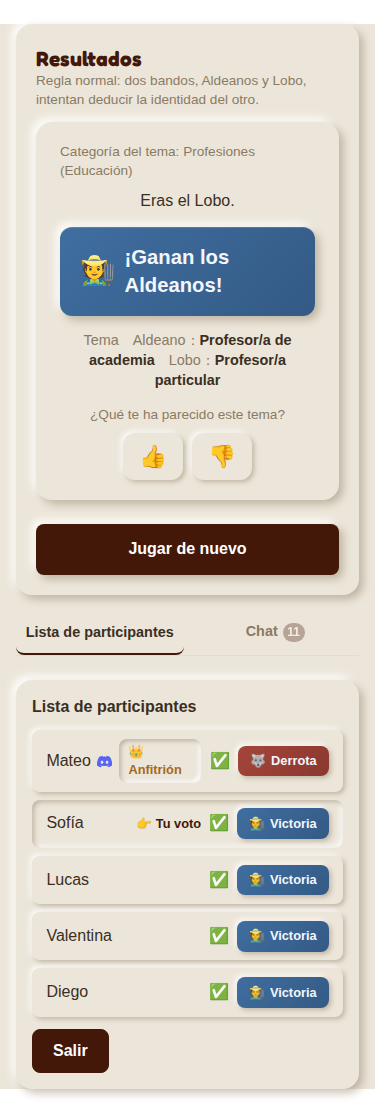 Pantalla de resultados, ejemplo de victoria de los Aldeanos (móvil)