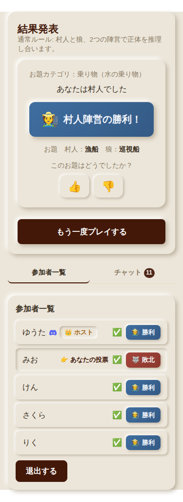 結果発表画面・村人陣営の勝利の例(モバイル表示)